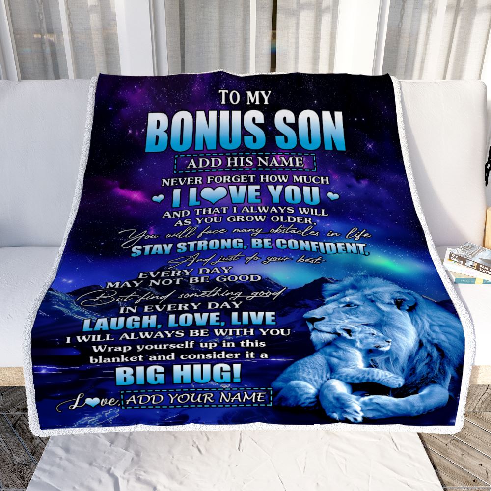 Personalized To My Bonus Son Gifts From Step Dad Blanket Laught Love Live Lion Great Stepson Birthday Gifts Graduation Christmas Customized Fleece Blanket | teecentury