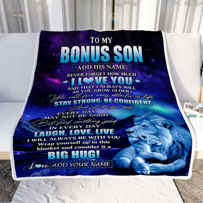 Personalized To My Bonus Son Gifts From Step Dad Blanket Laught Love Live Lion Great Stepson Birthday Gifts Graduation Christmas Customized Fleece Blanket | teecentury