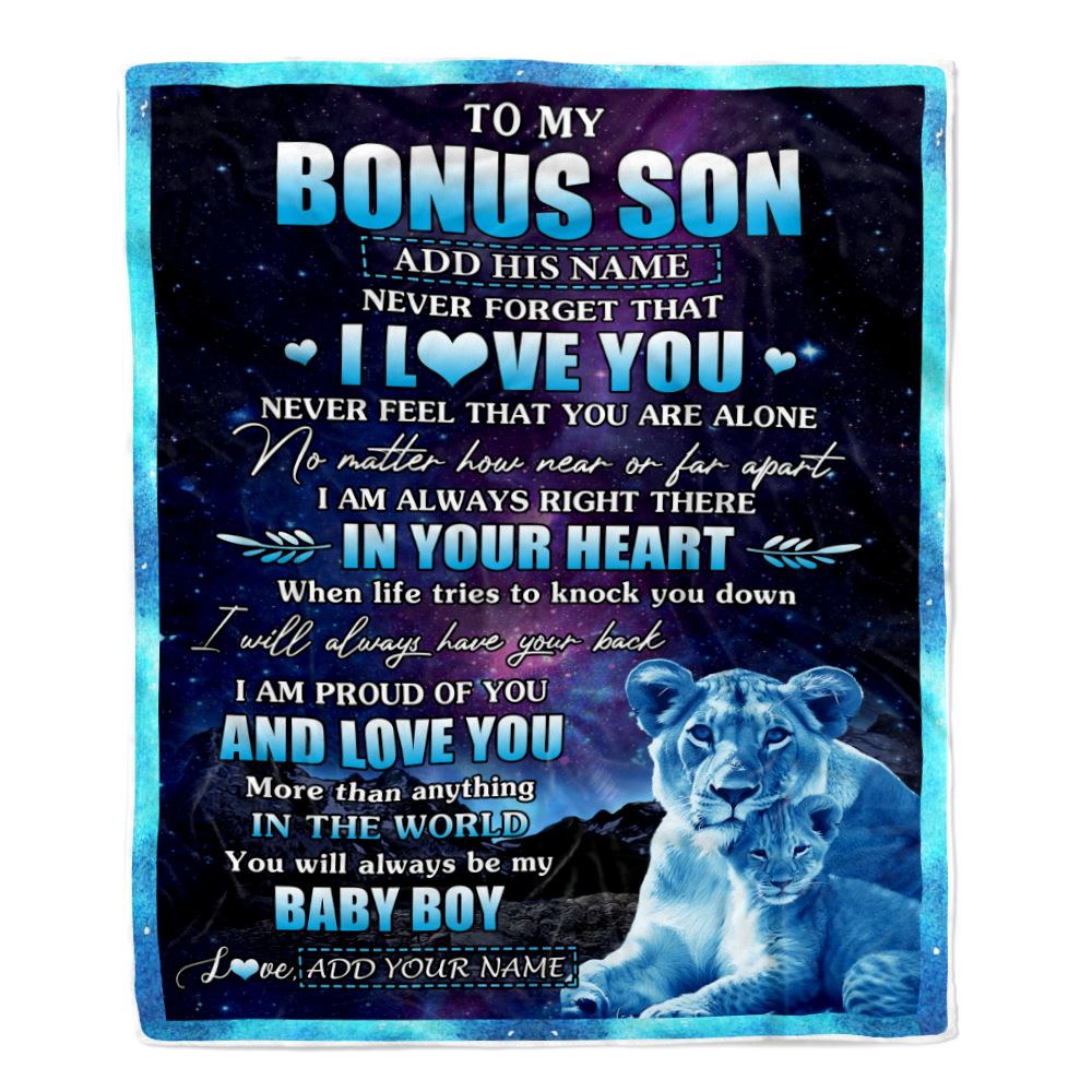 Personalized To My Bonus Son Gifts From Step Mom Blanket I Love You Lion Birthday Gift Ideas For Stepson Graduation Christmas Customized Fleece Blanket | teecentury