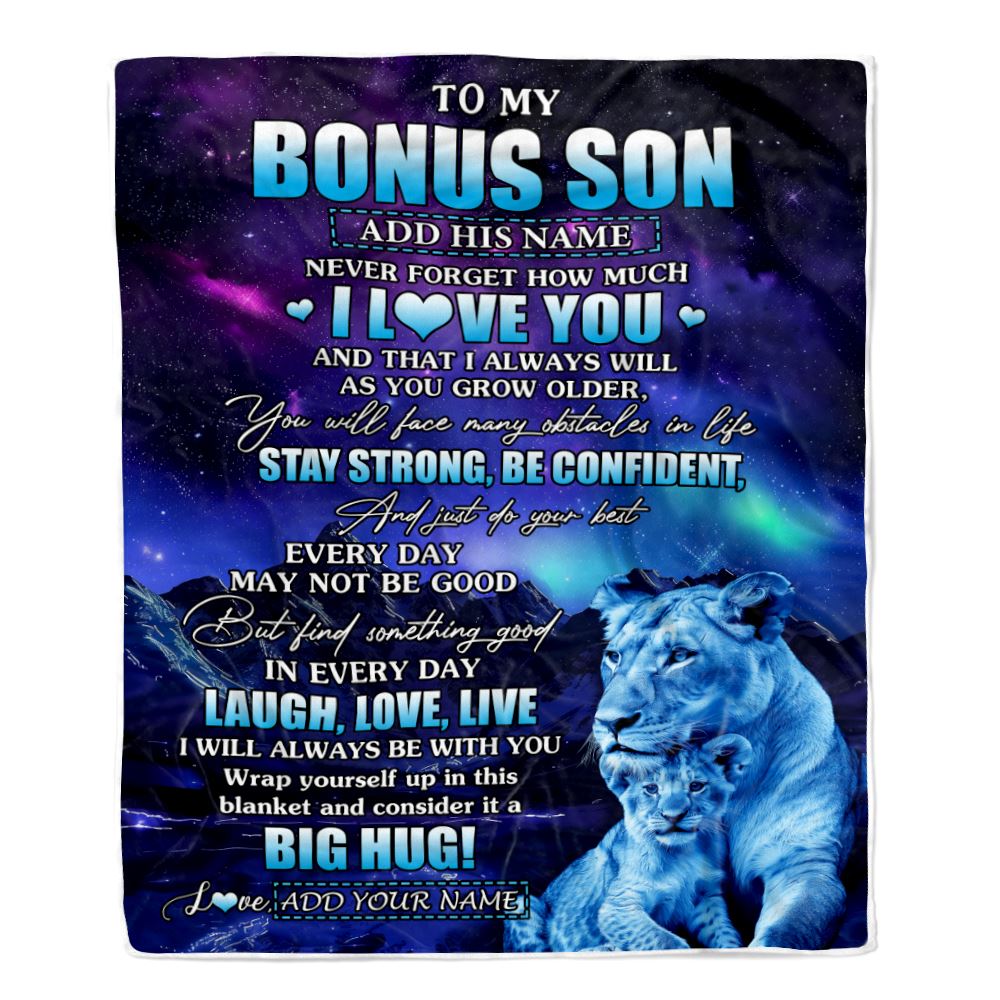 Personalized To My Bonus Son Gifts From Step Mom Blanket Laught Love Live Lion Great Stepson Birthday Gifts Graduation Christmas Customized Fleece Blanket | teecentury