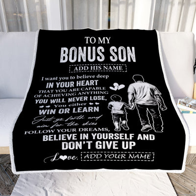 Personalized To My Bonus Son Gifts From Stepdad Blanket Don't Give Up Stepfather Gifts For Stepson Birthday Graduation Christmas Customized Fleece Blanket | teecentury