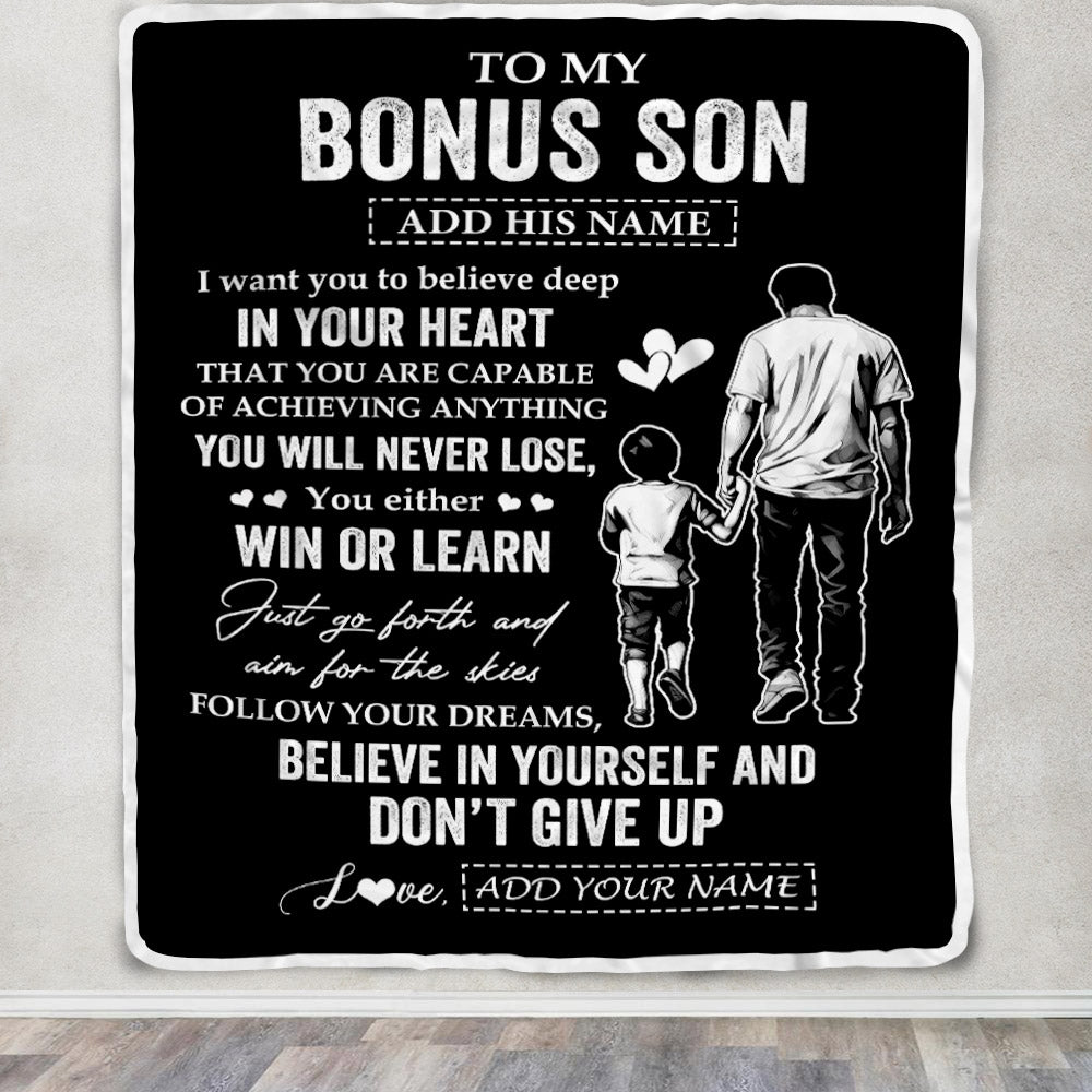 Personalized To My Bonus Son Gifts From Stepdad Blanket Don't Give Up Stepfather Gifts For Stepson Birthday Graduation Christmas Customized Fleece Blanket | teecentury