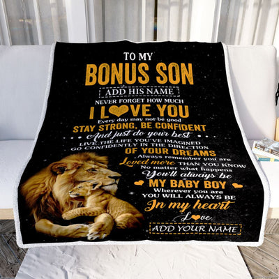 Personalized To My Bonus Son Gifts From Stepdad Blanket Lion Never Forget How Much I Love You Stepson Birthday Gifts Graduation Christmas Fleece Blanket | teecentury