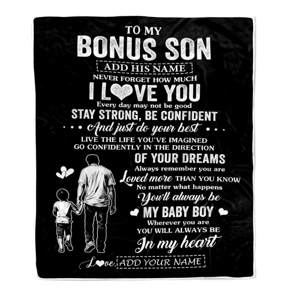 Personalized To My Bonus Son Gifts From Stepdad Blanket Never Forget How Much I Love You Stepson Birthday Graduation Christmas Customized Fleece Blanket | teecentury