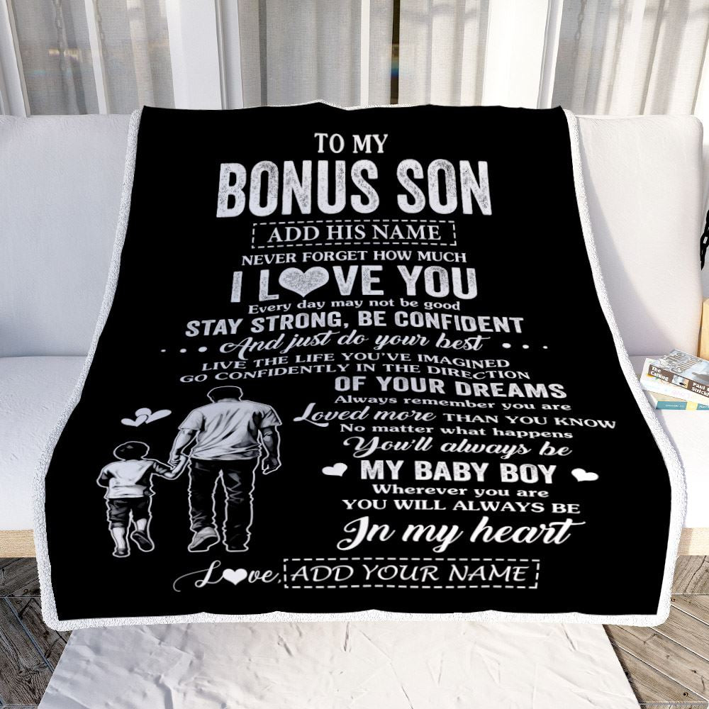 Personalized To My Bonus Son Gifts From Stepdad Blanket Never Forget How Much I Love You Stepson Birthday Graduation Christmas Customized Fleece Blanket | teecentury