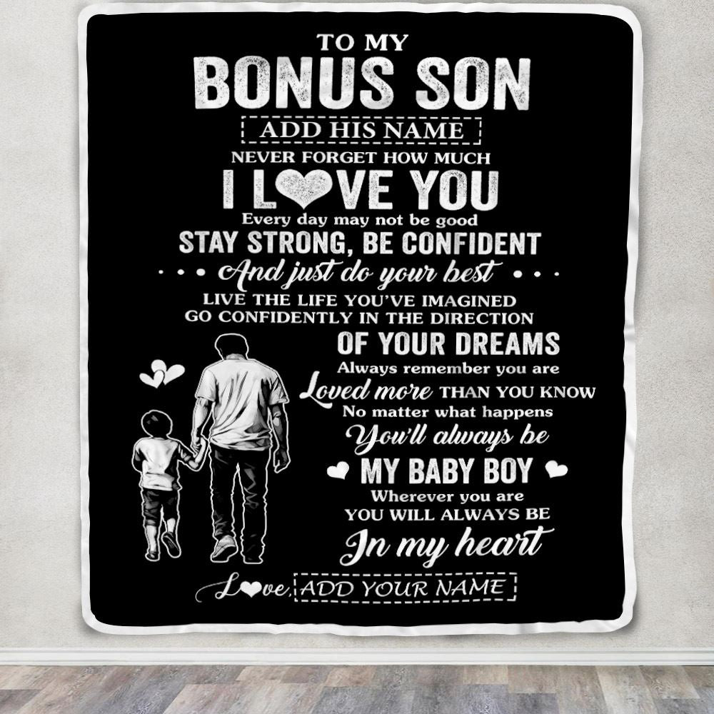 Personalized To My Bonus Son Gifts From Stepdad Blanket Never Forget How Much I Love You Stepson Birthday Graduation Christmas Customized Fleece Blanket | teecentury