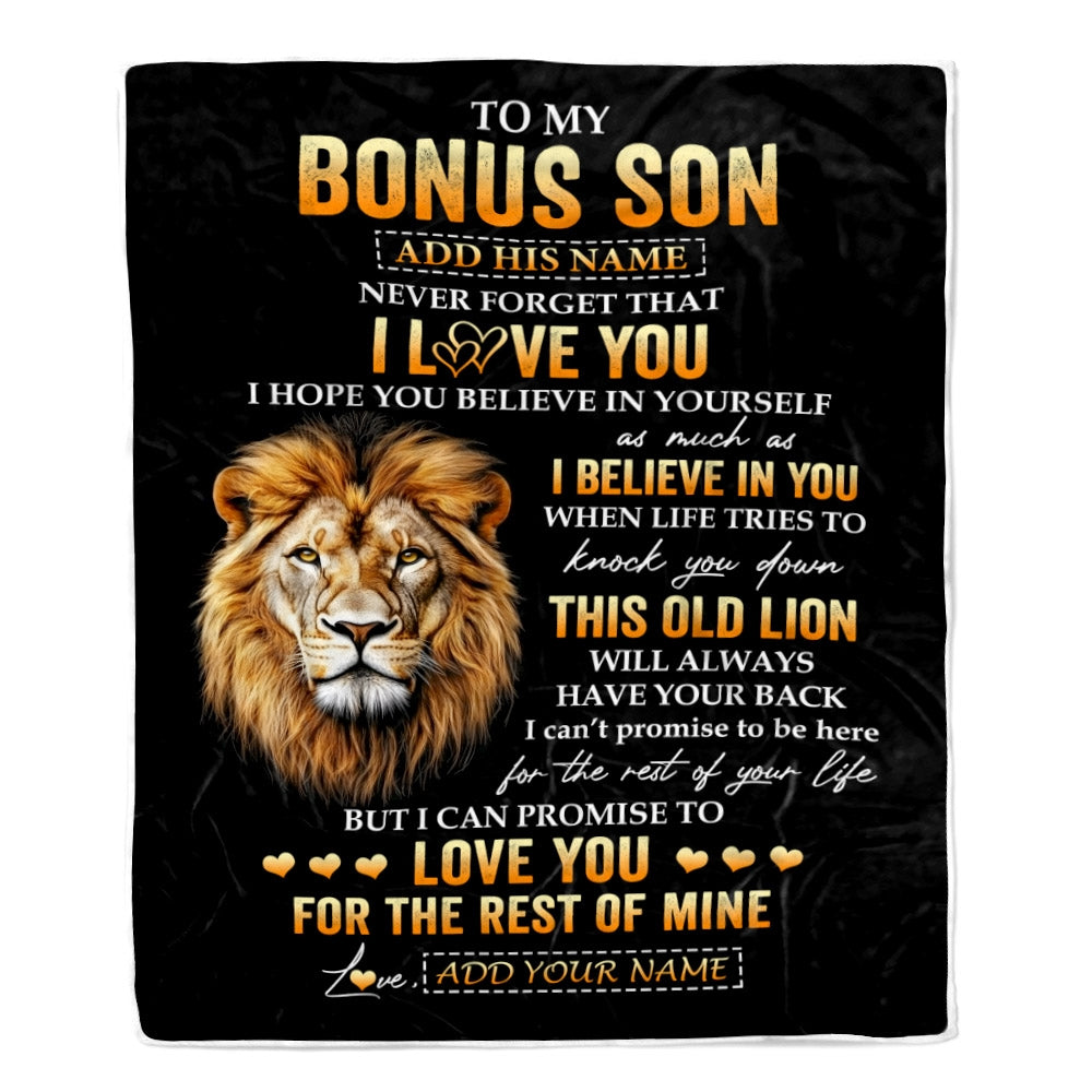 Personalized To My Bonus Son Gifts From Stepdad Blanket Old Lion Love You Stepson Birthday Gifts Graduation Christmas Customized Fleece Throw Blanket | teecentury
