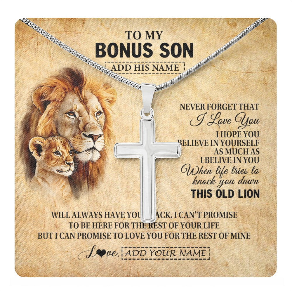 Stainless Cross Necklace Stainless Steel | 1 | Personalized To My Bonus Son Gifts From Stepdad Lion Necklace I Love You Stepson Birthday Gifts Graduation Christmas Customized Gift Box Message Card | teecentury.myshopify