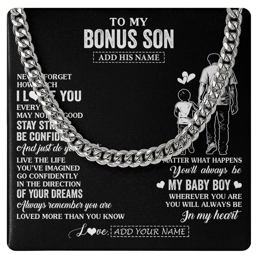 Cuban Link Chain Necklace Stainless Steel | 1 | Personalized To My Bonus Son Gifts From Stepdad Necklace Never Forget How Much I Love You Stepson Birthday Graduation Christmas Custom Gift Box Message Card | https://teecentury.