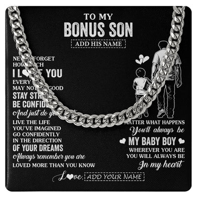 Cuban Link Chain Necklace Stainless Steel | 1 | Personalized To My Bonus Son Gifts From Stepdad Necklace Never Forget How Much I Love You Stepson Birthday Graduation Christmas Custom Gift Box Message Card | https://teecentury.