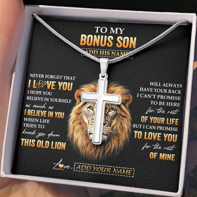 Stainless Cross Necklace Stainless Steel | 2 | Personalized To My Bonus Son Gifts From Stepdad Necklace Old Lion Love You Stepson Birthday Gifts Graduation Christmas Customized Gift Box Message Card | teecentury.myshopify