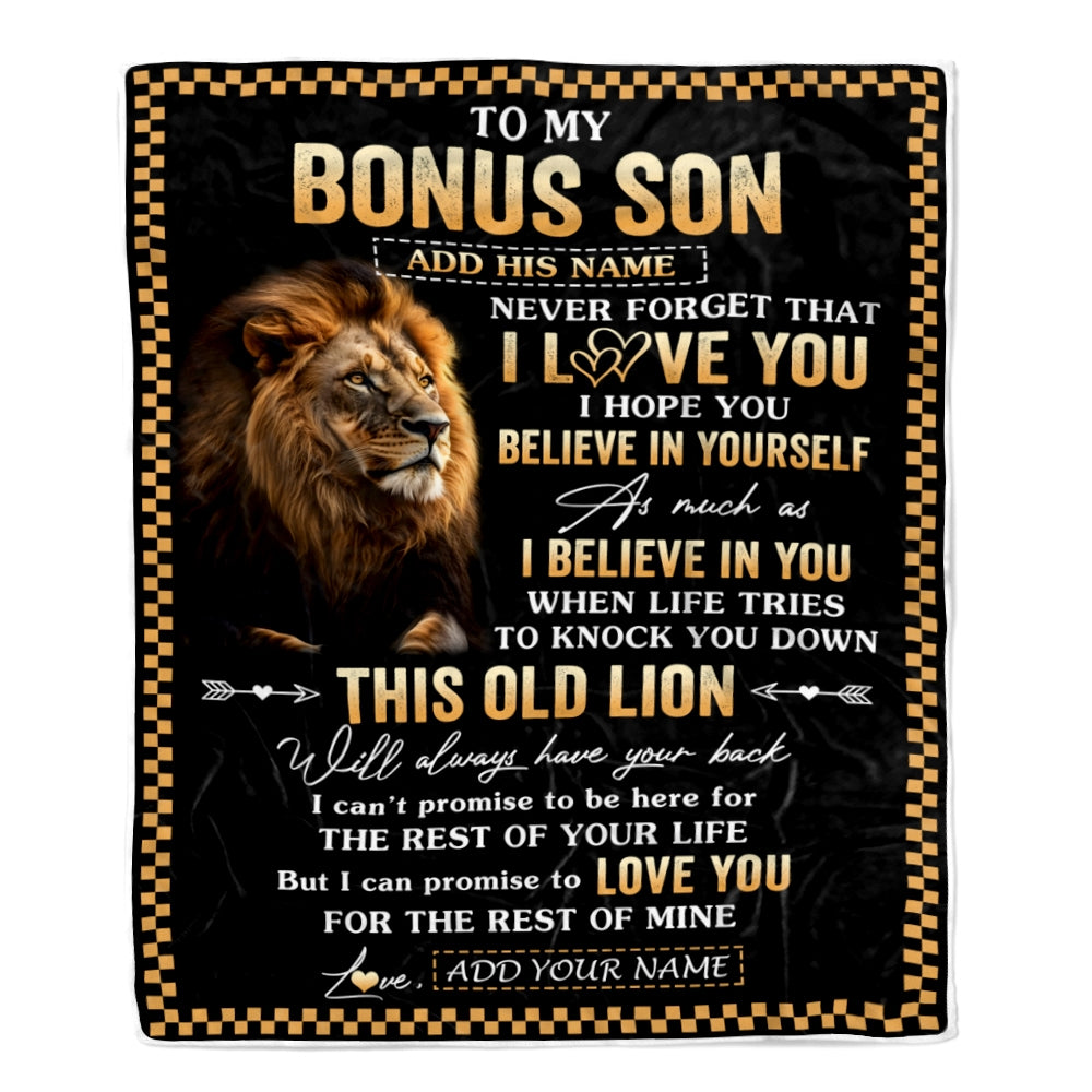 Personalized To My Bonus Son Gifts From Stepdad Stepmom Blanket Old Lion Love You Stepson Birthday Gifts Graduation Christmas Customized Fleece Throw Blanket | teecentury