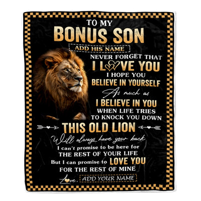 Personalized To My Bonus Son Gifts From Stepdad Stepmom Blanket Old Lion Love You Stepson Birthday Gifts Graduation Christmas Customized Fleece Throw Blanket | teecentury