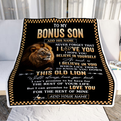 Personalized To My Bonus Son Gifts From Stepdad Stepmom Blanket Old Lion Love You Stepson Birthday Gifts Graduation Christmas Customized Fleece Throw Blanket | teecentury
