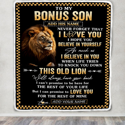 Personalized To My Bonus Son Gifts From Stepdad Stepmom Blanket Old Lion Love You Stepson Birthday Gifts Graduation Christmas Customized Fleece Throw Blanket | teecentury