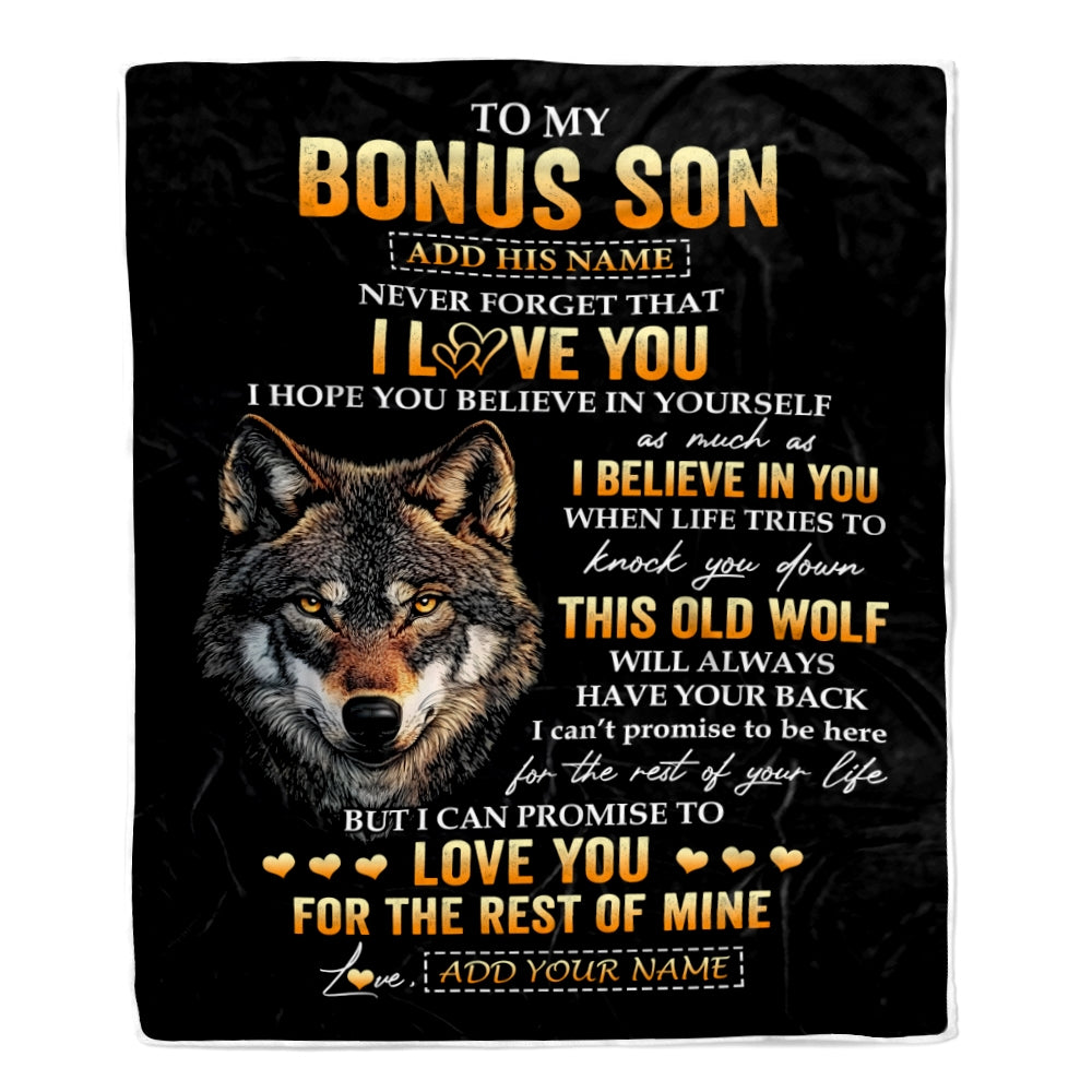 Personalized To My Bonus Son Gifts From Stepdad Stepmom Blanket Old Wolf Love You Stepson Birthday Gifts Graduation Christmas Customized Fleece Throw Blanket | teecentury