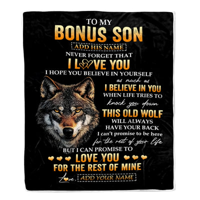 Personalized To My Bonus Son Gifts From Stepdad Stepmom Blanket Old Wolf Love You Stepson Birthday Gifts Graduation Christmas Customized Fleece Throw Blanket | teecentury