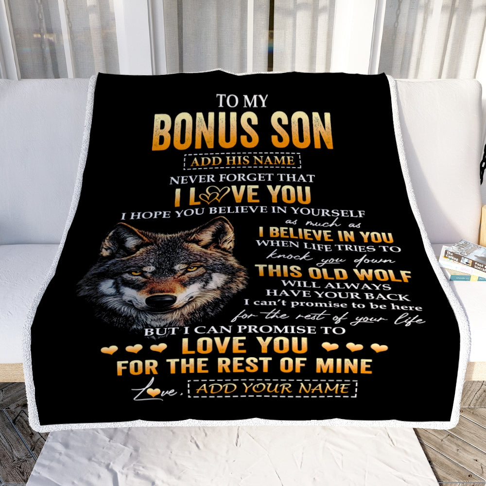 Personalized To My Bonus Son Gifts From Stepdad Stepmom Blanket Old Wolf Love You Stepson Birthday Gifts Graduation Christmas Customized Fleece Throw Blanket | teecentury