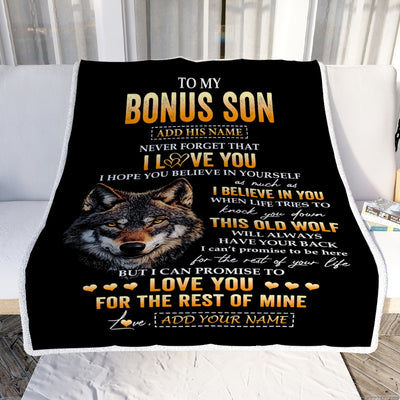 Personalized To My Bonus Son Gifts From Stepdad Stepmom Blanket Old Wolf Love You Stepson Birthday Gifts Graduation Christmas Customized Fleece Throw Blanket | teecentury