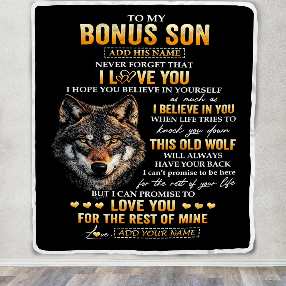 Personalized To My Bonus Son Gifts From Stepdad Stepmom Blanket Old Wolf Love You Stepson Birthday Gifts Graduation Christmas Customized Fleece Throw Blanket | teecentury