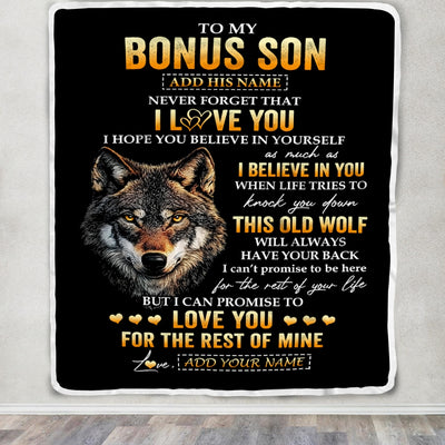 Personalized To My Bonus Son Gifts From Stepdad Stepmom Blanket Old Wolf Love You Stepson Birthday Gifts Graduation Christmas Customized Fleece Throw Blanket | teecentury