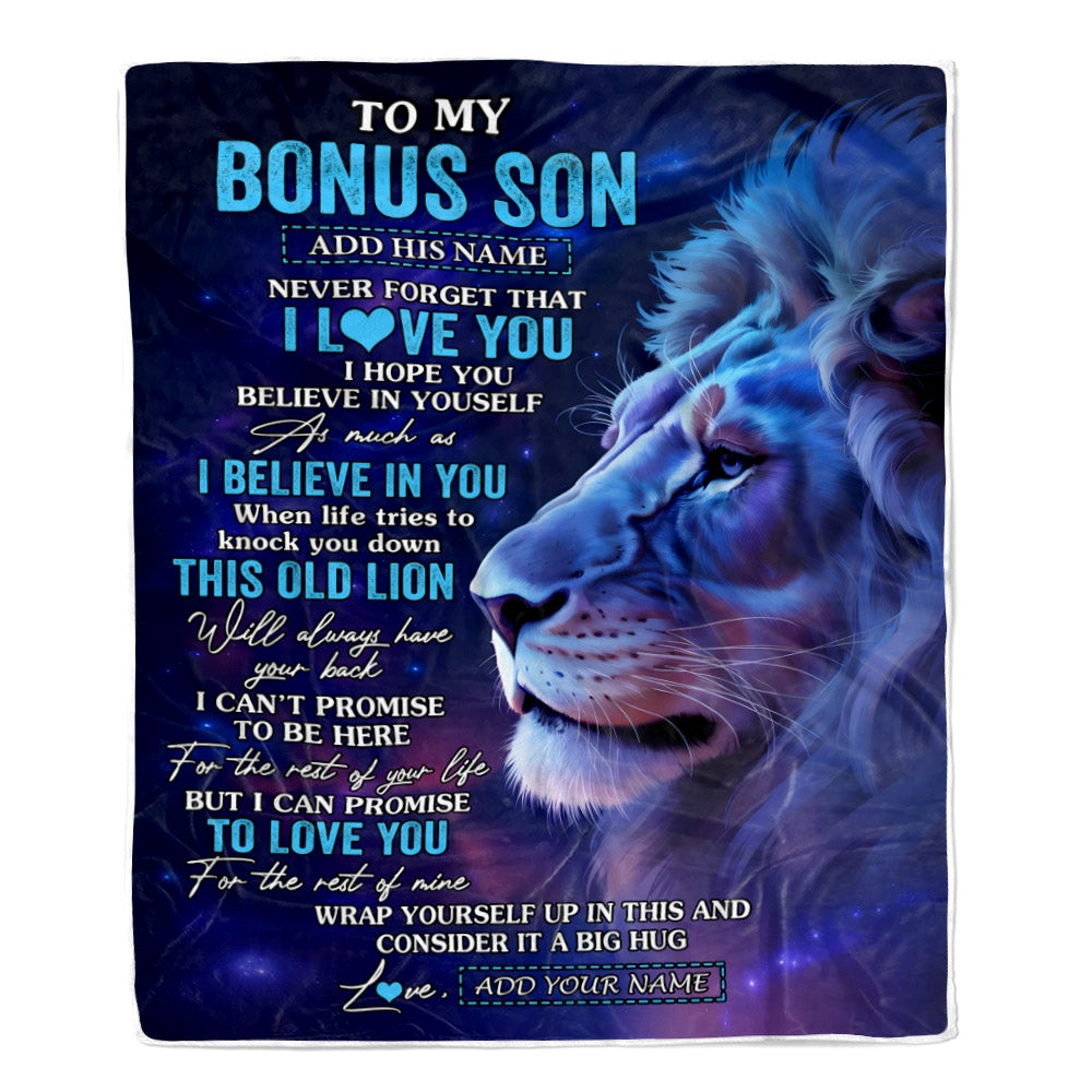 Personalized To My Bonus Son Gifts From Stepdad Stepmom Blanket This Old Lion Heart Gifts For Stepson Birthday Present Graduation Christmas Fleece Blanket | teecentury