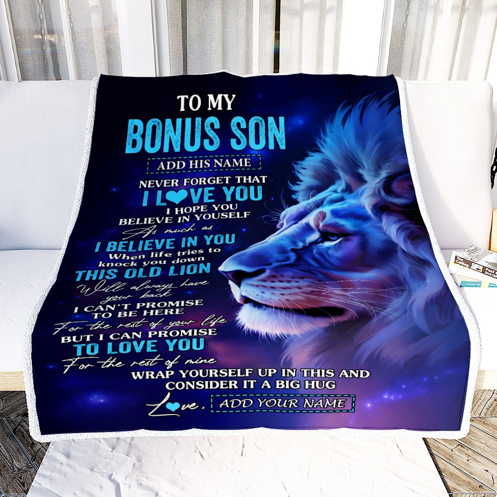 Personalized To My Bonus Son Gifts From Stepdad Stepmom Blanket This Old Lion Heart Gifts For Stepson Birthday Present Graduation Christmas Fleece Blanket | teecentury
