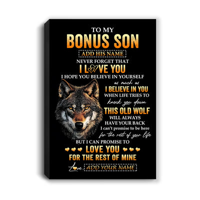 Personalized To My Bonus Son Gifts From Stepdad Stepmom Canvas Old Wolf Love You Stepson Birthday Gifts Graduation Christmas Custom Wall Art Print Framed Canvas | teecentury