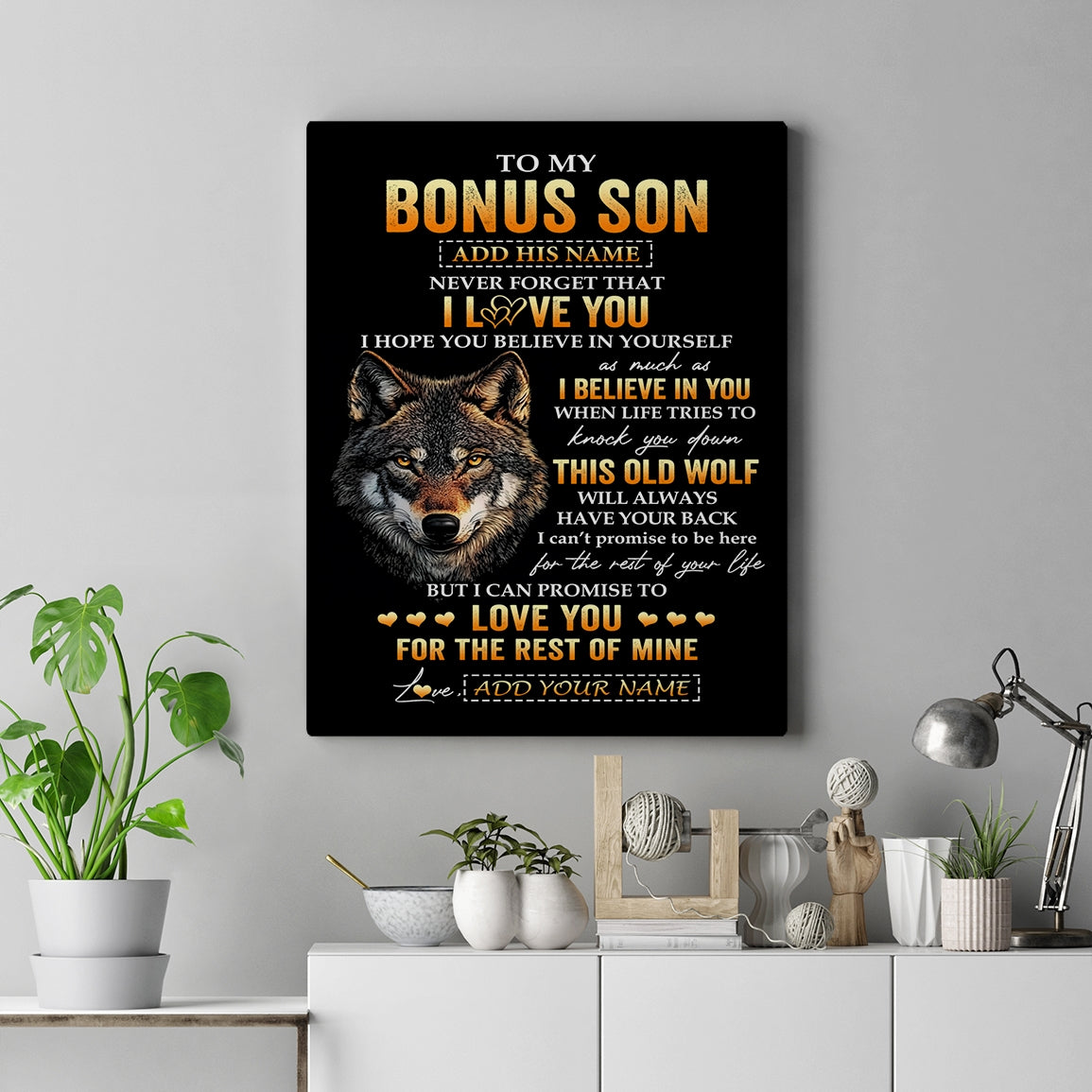 Personalized To My Bonus Son Gifts From Stepdad Stepmom Canvas Old Wolf Love You Stepson Birthday Gifts Graduation Christmas Custom Wall Art Print Framed Canvas | teecentury