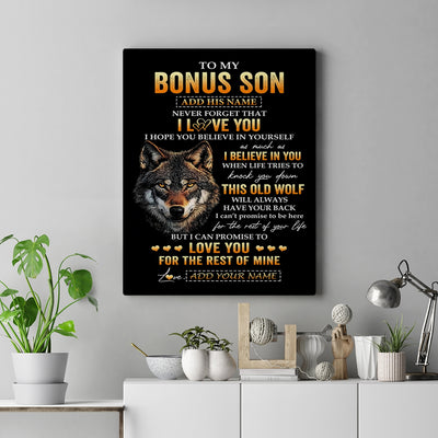 Personalized To My Bonus Son Gifts From Stepdad Stepmom Canvas Old Wolf Love You Stepson Birthday Gifts Graduation Christmas Custom Wall Art Print Framed Canvas | teecentury