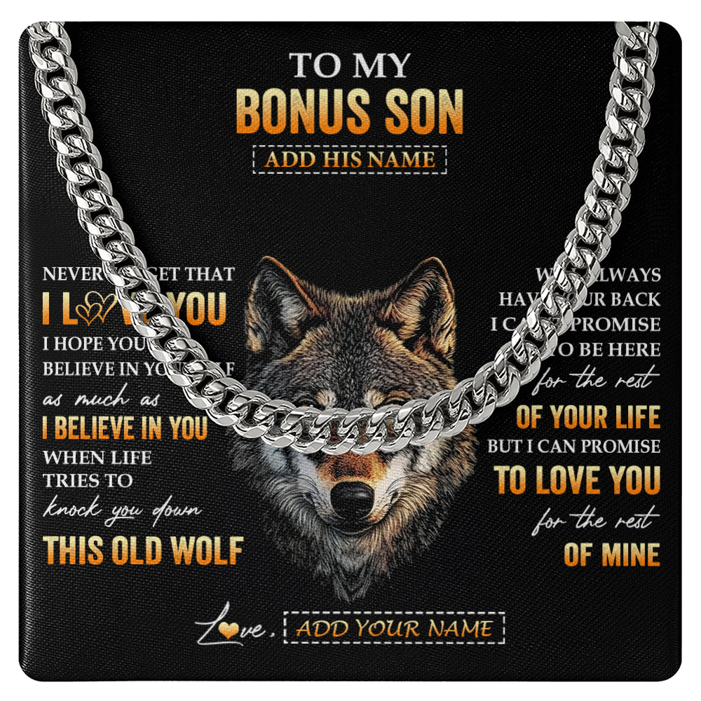 Cuban Link Chain Necklace Stainless Steel | 1 | Personalized To My Bonus Son Gifts From Stepdad Stepmom Necklace Old Wolf Love You Stepson Birthday Gifts Graduation Christmas Custom Gift Box Message Card | teecentury