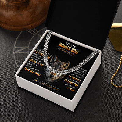 Cuban Link Chain Necklace Stainless Steel | 2 | Personalized To My Bonus Son Gifts From Stepdad Stepmom Necklace Old Wolf Love You Stepson Birthday Gifts Graduation Christmas Custom Gift Box Message Card | teecentury