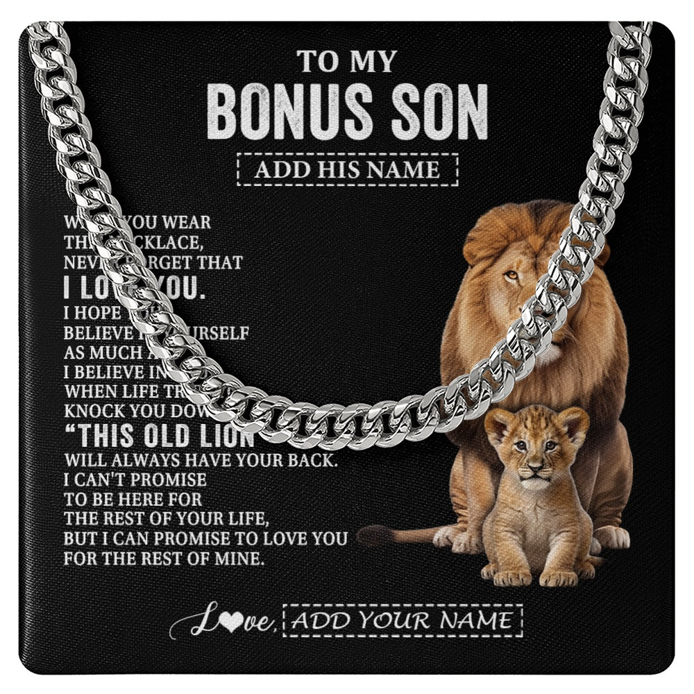 Cuban Link Chain Necklace Stainless Steel | 1 | Personalized To My Bonus Son Gifts From Stepfather Necklace This Old Lion Love You Stepson Birthday Gifts Graduation Christmas Customized Gift Box Message Card | https://teecentury.