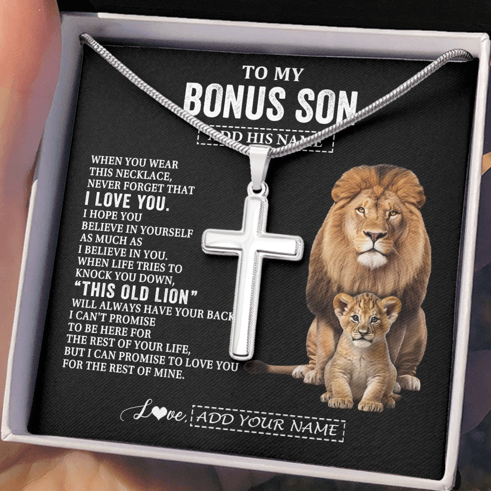 Stainless Cross Necklace Stainless Steel | 2 | Personalized To My Bonus Son Gifts From Stepfather Necklace This Old Lion Love You Stepson Birthday Gifts Graduation Christmas Customized Gift Box Message Card | https://teecentury.