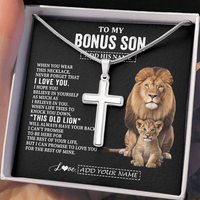 Stainless Cross Necklace Stainless Steel | 2 | Personalized To My Bonus Son Gifts From Stepfather Necklace This Old Lion Love You Stepson Birthday Gifts Graduation Christmas Customized Gift Box Message Card | https://teecentury.