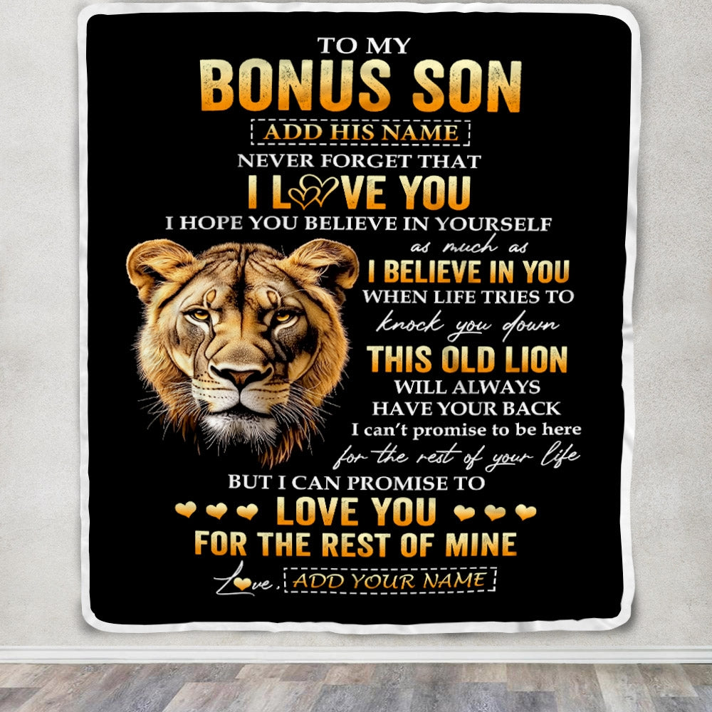 Personalized To My Bonus Son Gifts From Stepmom Blanket Old Lion Love You Stepson Birthday Gifts Graduation Christmas Customized Fleece Throw Blanket | teecentury