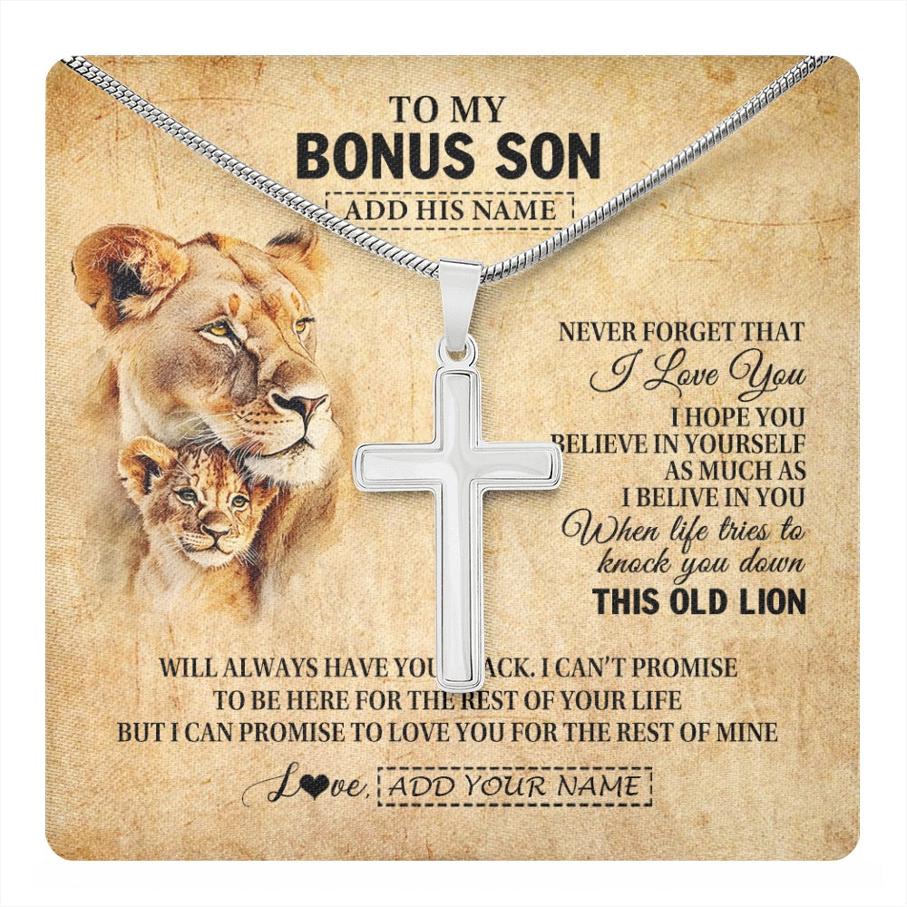 Stainless Cross Necklace Stainless Steel | 1 | Personalized To My Bonus Son Gifts From Stepmom Lion Necklace I Love You Stepson Birthday Gifts Graduation Christmas Customized Gift Box Message Card | teecentury.myshopify