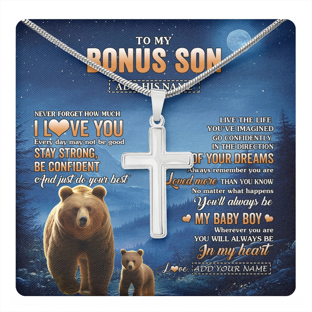 Stainless Cross Necklace Stainless Steel | 1 | Personalized To My Bonus Son Gifts From Stepmom Necklace Bear Never Forget How Much I Love You Stepson Birthday Graduation Christmas Gift Box Message Card | teecentury.myshopify