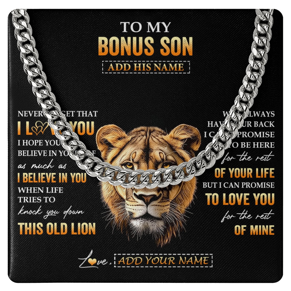 Cuban Link Chain Necklace Stainless Steel | 1 | Personalized To My Bonus Son Gifts From Stepmom Necklace Old Lion Love You Stepson Birthday Gifts Graduation Christmas Customized Gift Box Message Card | teecentury.myshopify