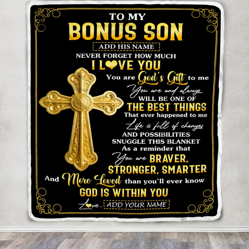 Personalized To My Bonus Son Gifts From Stepmom Stepdad Blanket Christian God Is With You Gifts For Stepson Birthday Present Christmas Custom Fleece Blanket | teecentury