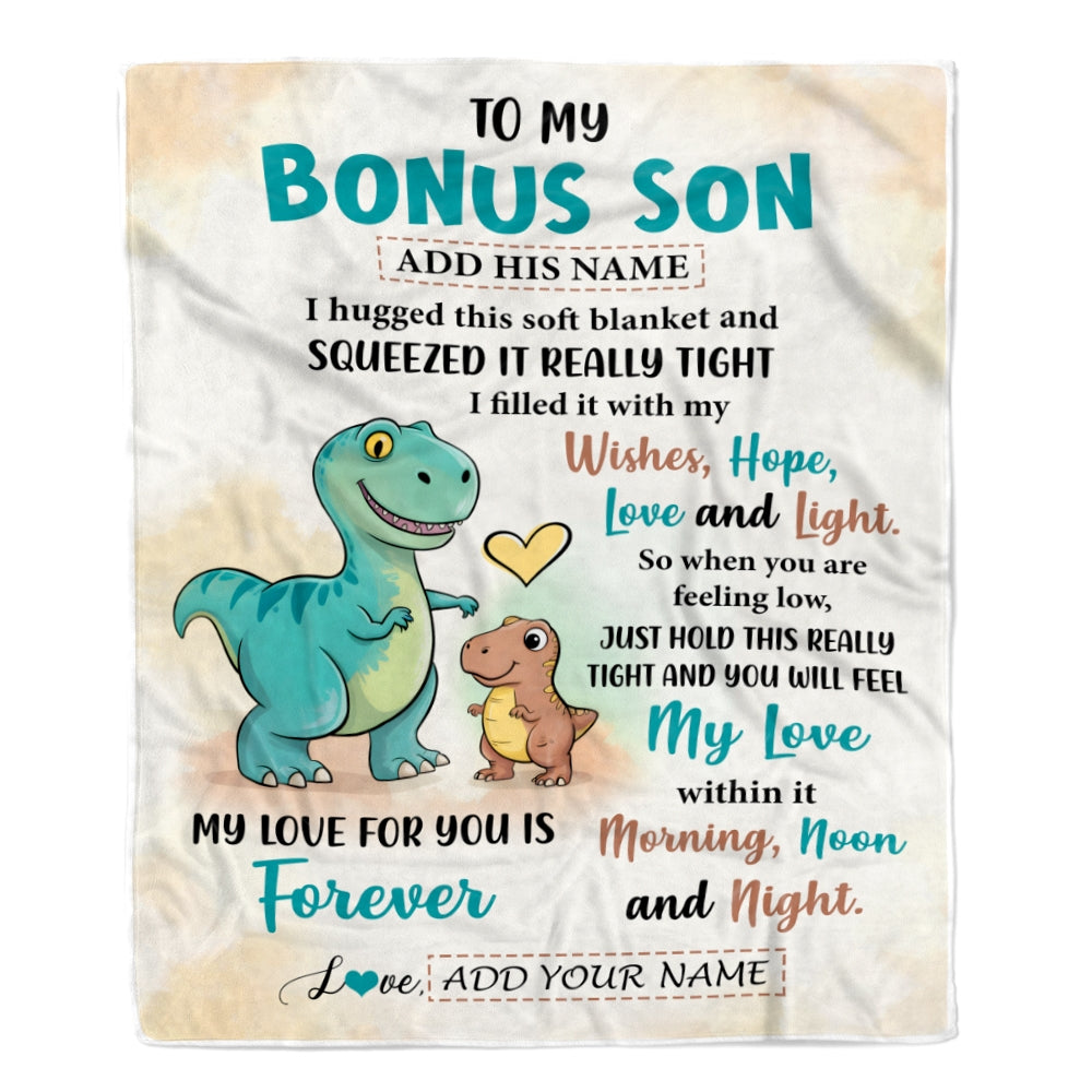 Personalized To My Bonus Son Gifts From Stepmom Stepdad Blanket Dinosaur Letter I Hugged This Gifts For Stepson Birthday Graduation Christmas Fleece Blanket | teecentury