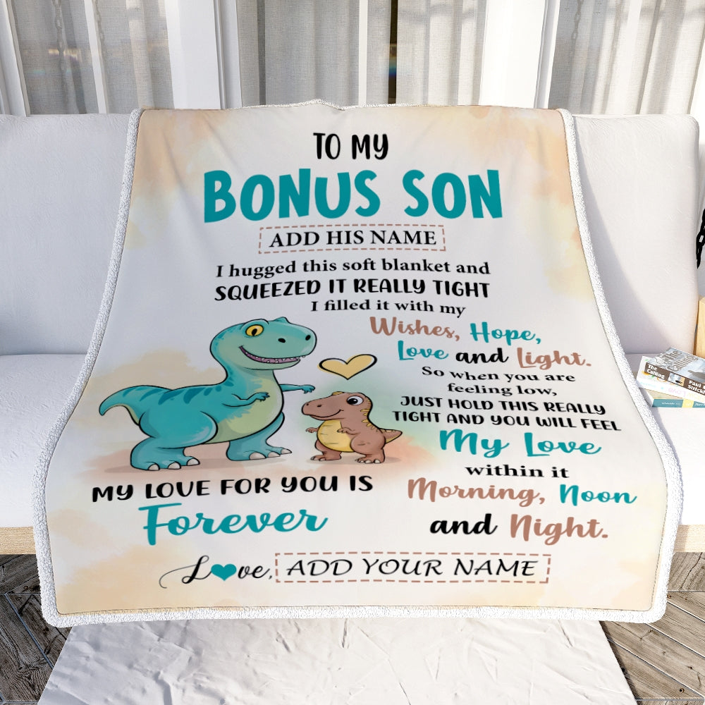 Personalized To My Bonus Son Gifts From Stepmom Stepdad Blanket Dinosaur Letter I Hugged This Gifts For Stepson Birthday Graduation Christmas Fleece Blanket | teecentury