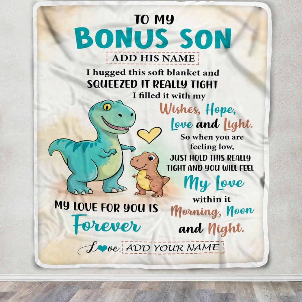 Personalized To My Bonus Son Gifts From Stepmom Stepdad Blanket Dinosaur Letter I Hugged This Gifts For Stepson Birthday Graduation Christmas Fleece Blanket | teecentury