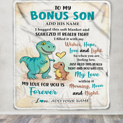 Personalized To My Bonus Son Gifts From Stepmom Stepdad Blanket Dinosaur Letter I Hugged This Gifts For Stepson Birthday Graduation Christmas Fleece Blanket | teecentury