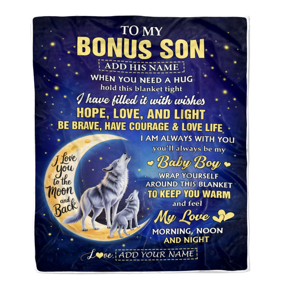 Personalized To My Bonus Son Gifts From Stepmom Stepdad Blanket I Love You Moon And Back Wolf Stepson Birthday Gifts Christmas Graduation Fleece Blanket | teecentury