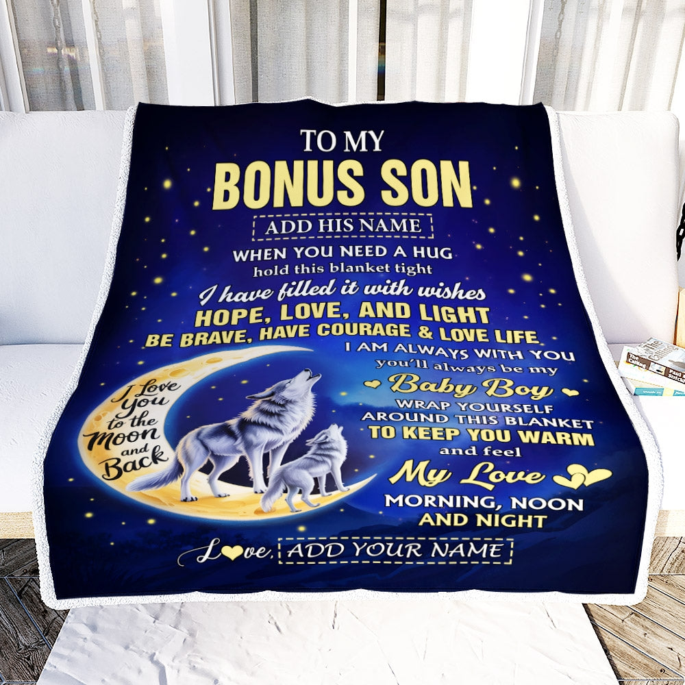 Personalized To My Bonus Son Gifts From Stepmom Stepdad Blanket I Love You Moon And Back Wolf Stepson Birthday Gifts Christmas Graduation Fleece Blanket | teecentury