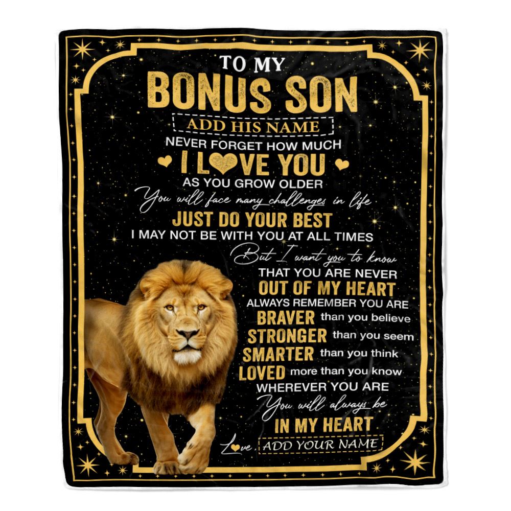 Personalized To My Bonus Son Gifts From Stepmom Stepdad Blanket Lion I Love You Graduation Birthday Gifts For Stepson Christmas Customized Fleece Throw Blanket | teecentury