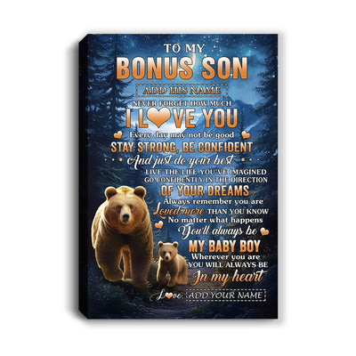 Personalized To My Bonus Son Gifts From Stepmom Stepdad Canvas Bear Never Forget How Much I Love You Stepson Birthday Graduation Christmas Custom Print Framed Canvas | teecentury