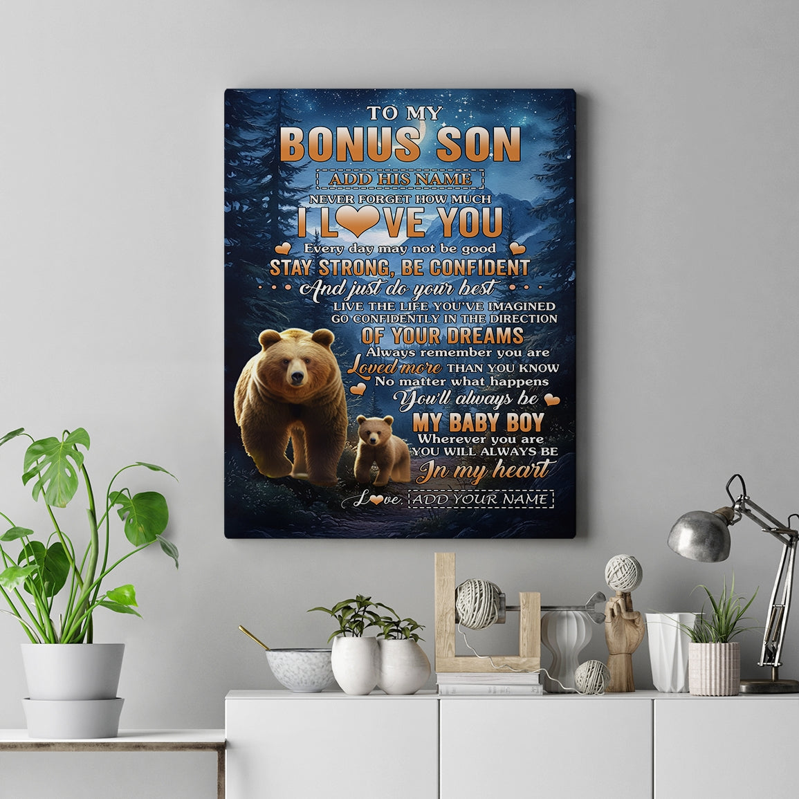 Personalized To My Bonus Son Gifts From Stepmom Stepdad Canvas Bear Never Forget How Much I Love You Stepson Birthday Graduation Christmas Custom Print Framed Canvas | teecentury