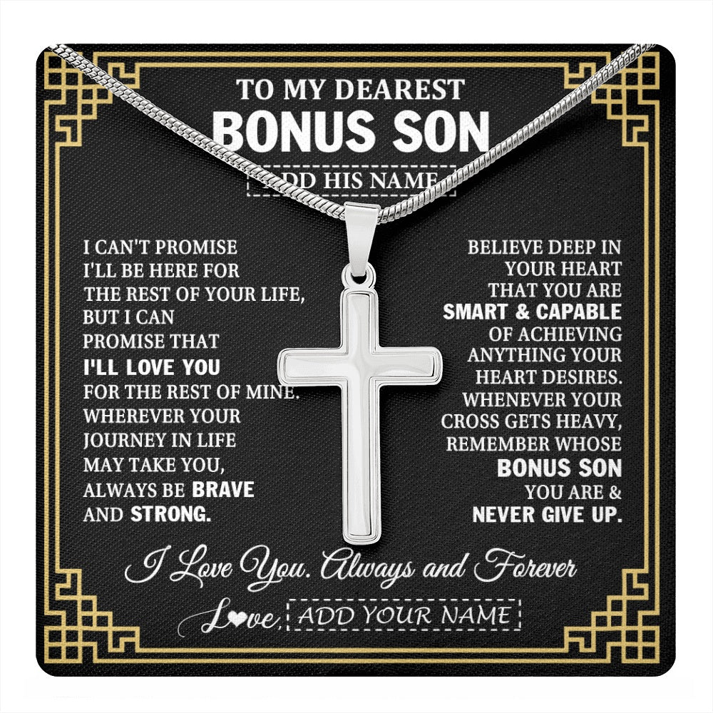Stainless Cross Necklace Stainless Steel | 1 | Personalized To My Bonus Son Gifts From Stepmom Stepdad Cross Necklace Never Give Up Inspirational Gift For Stepson Birthday Christmas Gift Box Message Card | https://teecentury.